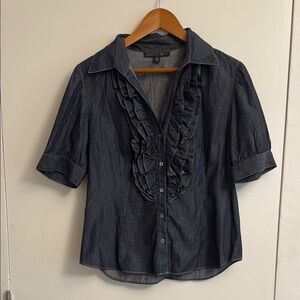Lafayette 148 New York Blue Ruffled Short Sleeve Blouse